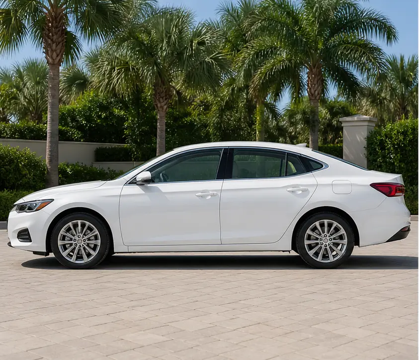 Pearl White sedan shown from the side during the day